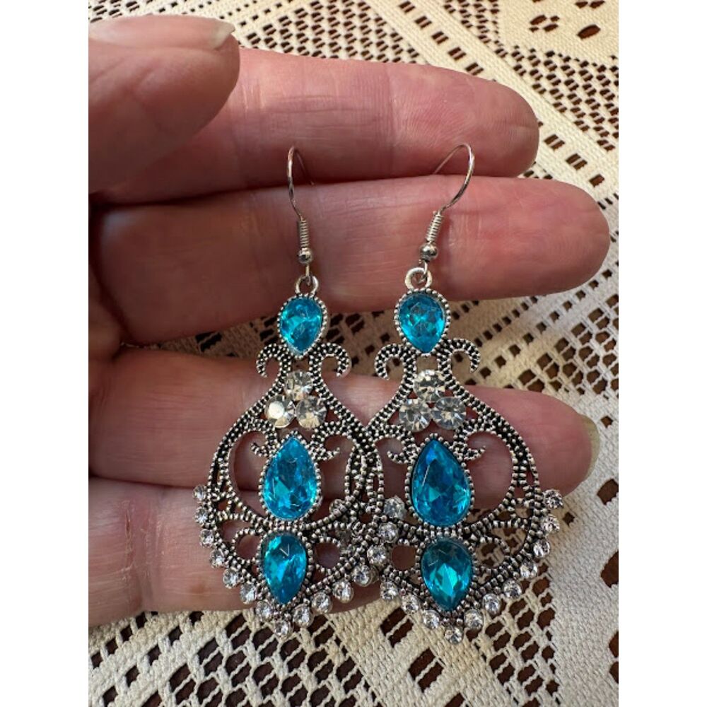 Blue & Clear Rhinestone Earrings 2"